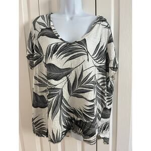 Tahari Women's Black White Palm Leaf Tropical Floral Print 100% Linen Size 1X